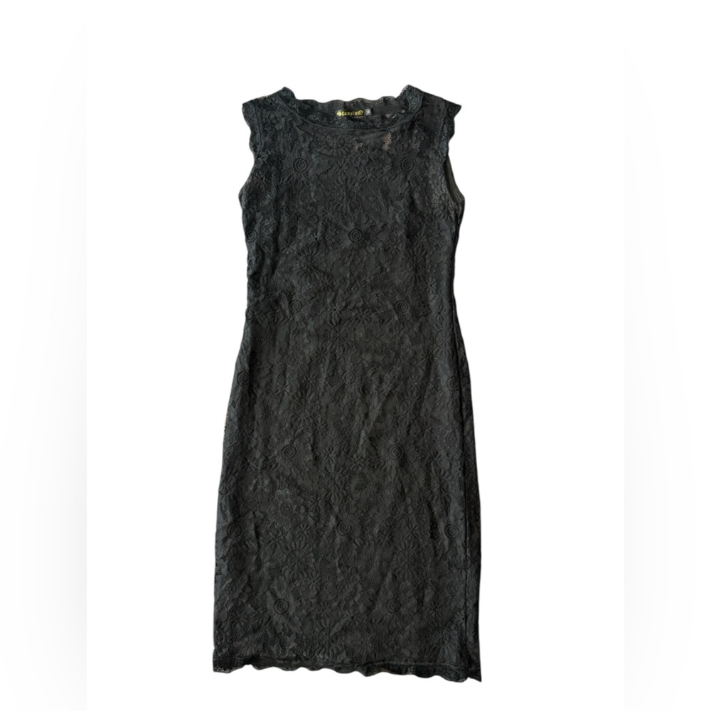 Black Lace Midi Dress Wednesday Floral Overlay Scalloped Hem Gothic Cocktail, M